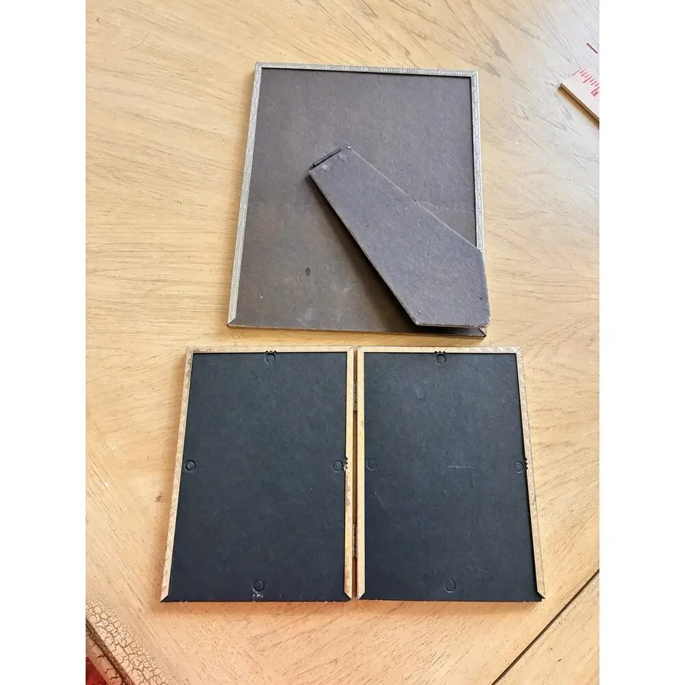 2 Vtg Mid Century Gold Tone Metal Picture Frame Single & Bifold Hinged 70s Set 2